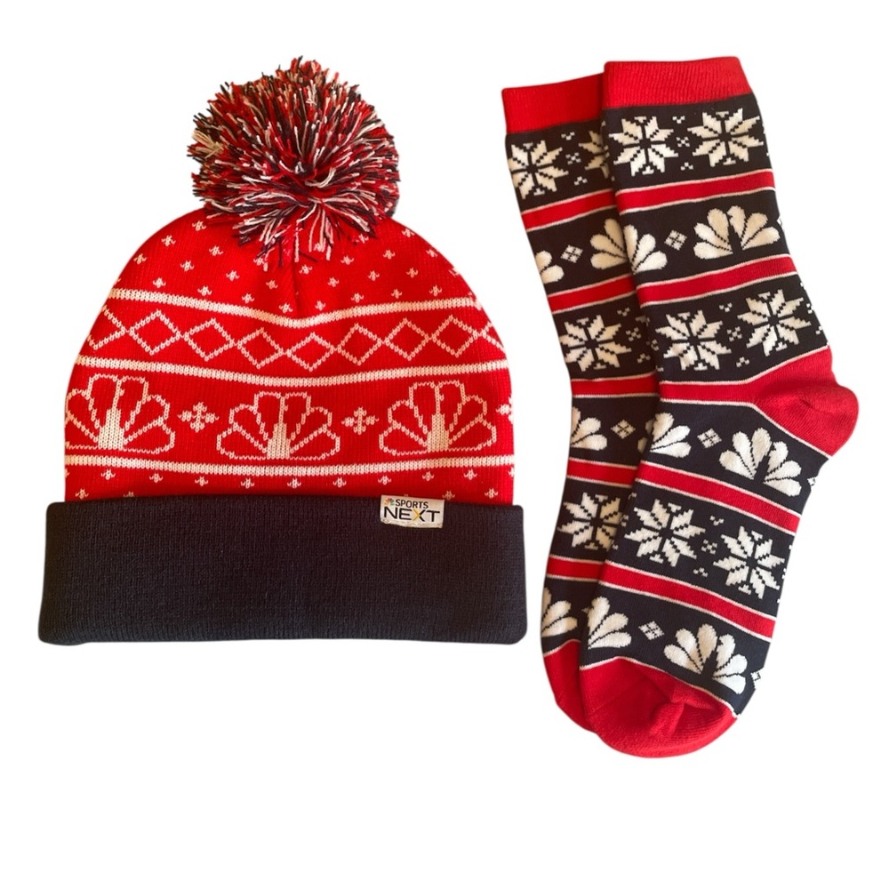 Sports Next  Red Navy and White Adult bobble hat and Socks set. NWOT